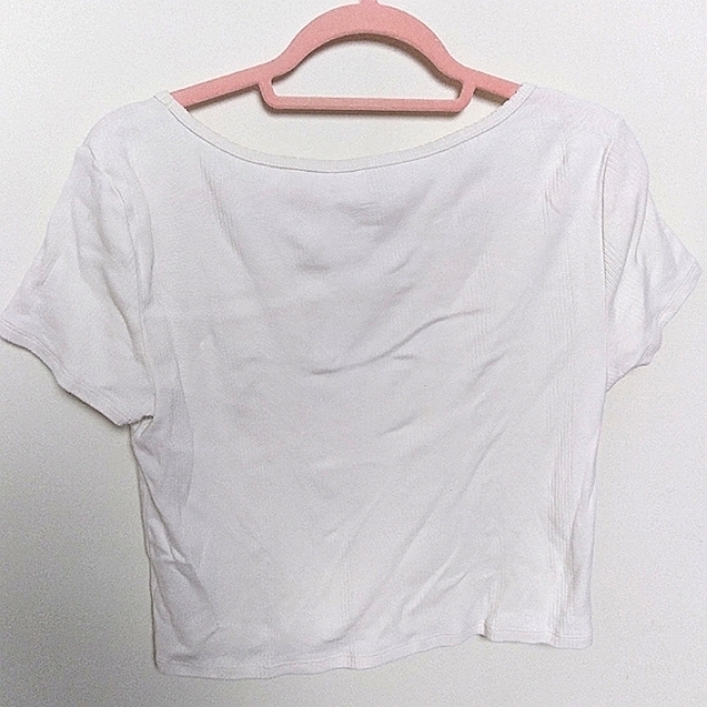 American Eagle White Cropped Cotton Short Sleeve Scoop Neck Ribbed Tee Large - Picture 4 of 9